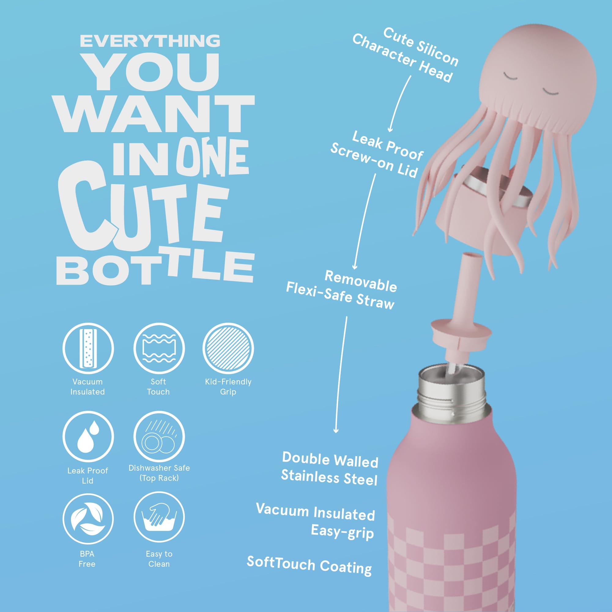 ASOBU Bestie Gourde isotherme en acier inoxydable pour enfant avec paille - 420 ml - Avec tête de méduse - Anti-fuite et sans BPA