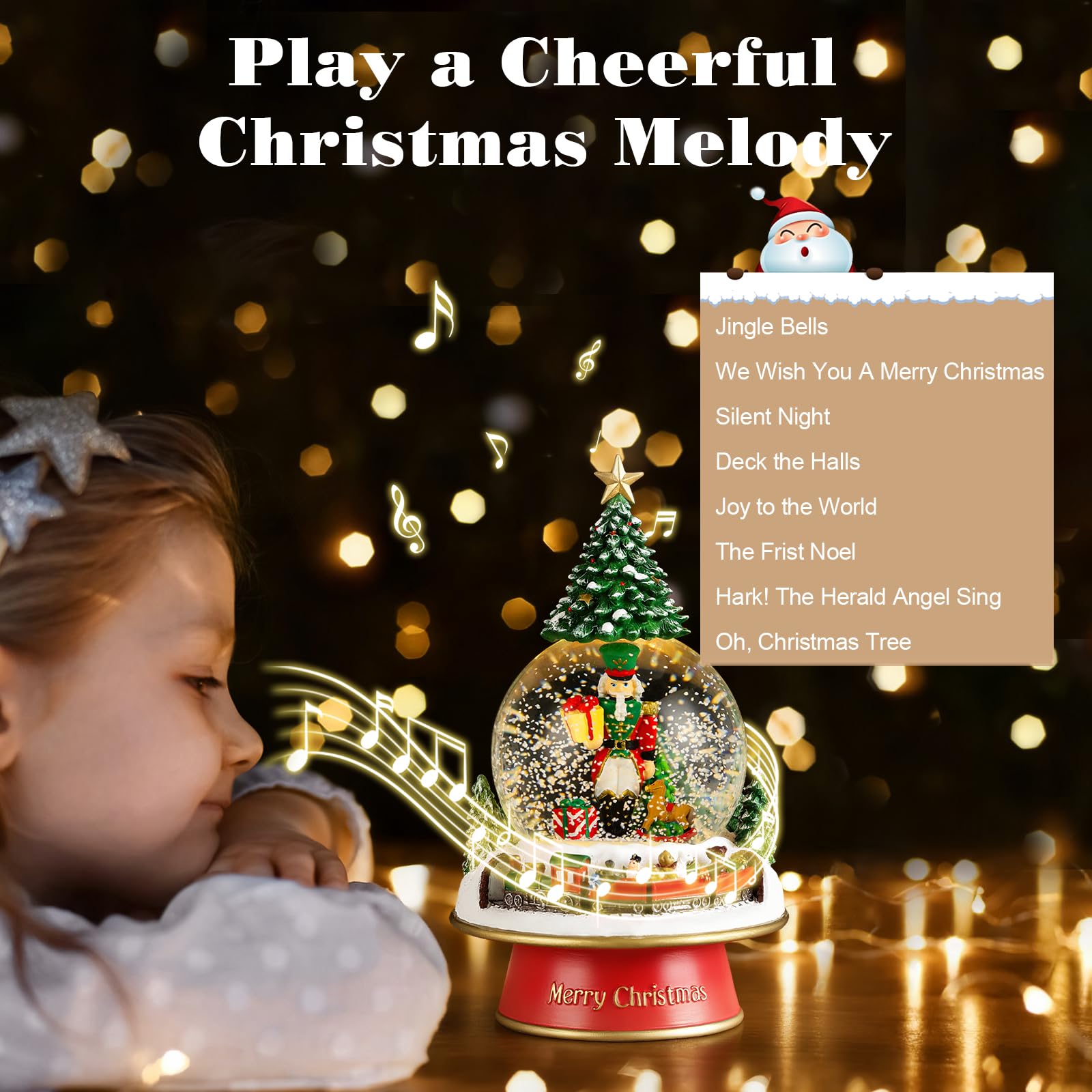 Lewondr Globo de Nieve Navideño, Globo de Cristal con 8 Canciones Navideñas, Caja de Música Eléctrica Reno con Tren y Cascanueces, Decoración de Navidad para Chimenea de Dormitorio
