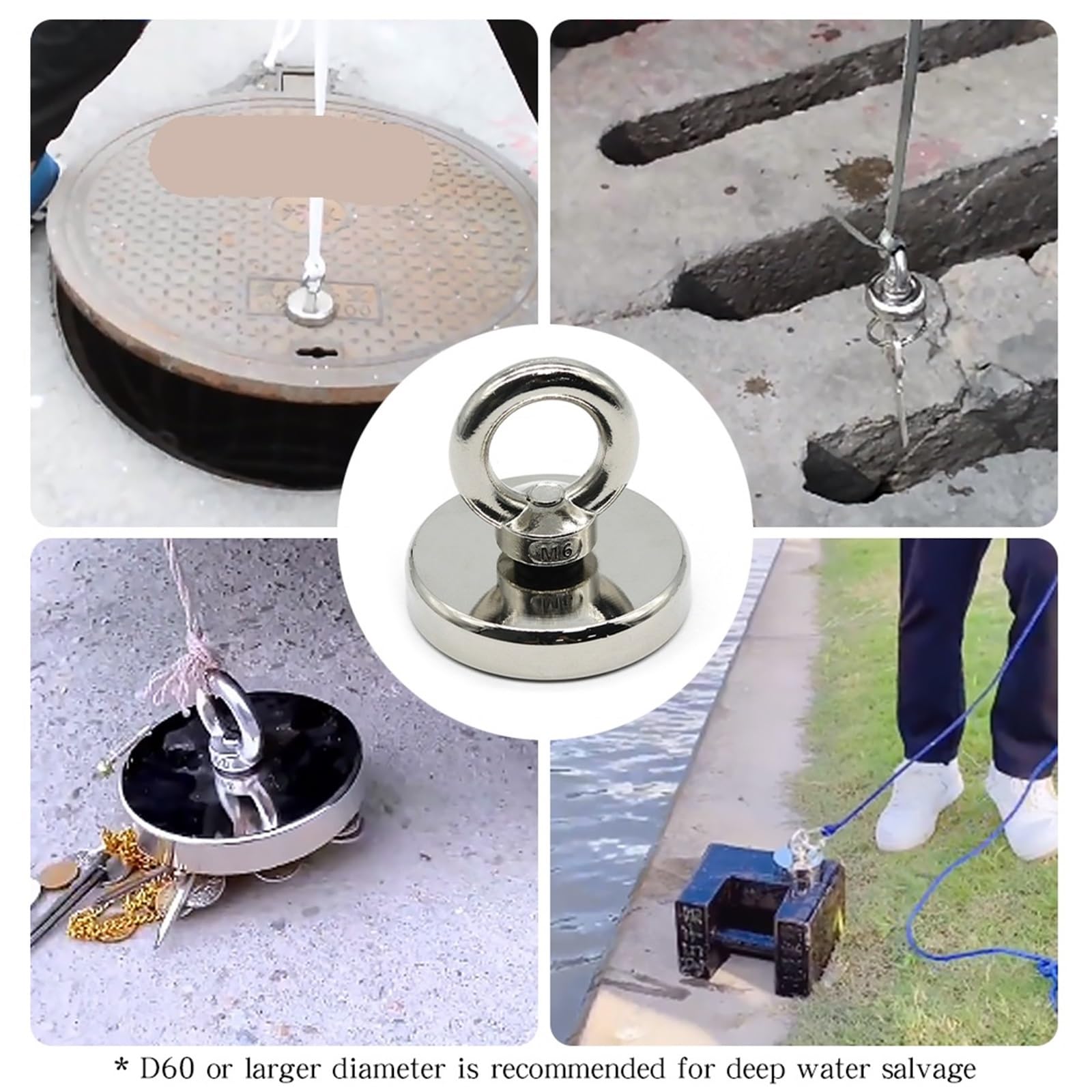 Aimant De Pêche Aimants de recherche robustes N52, aimant puissant en néodyme, aimant de récupération, for pêche en haute mer, montage avec boulon à œil annulaire Aimant Neodyme(PUll max 180KG)