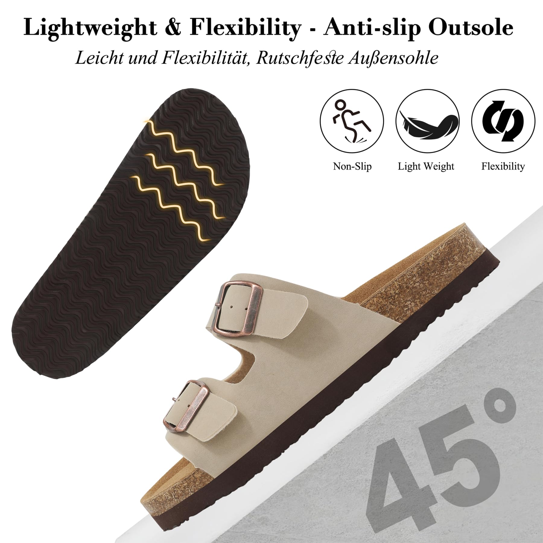 Sandales et Mules pour Femmes Été Confortable Pantoufles avec Boucles Réglable, Légères Sandales Orthopédiques avec Arch Support Antidérapant Bout Ouvert Chaussons avec Cuir Liège 36-42EU - 4