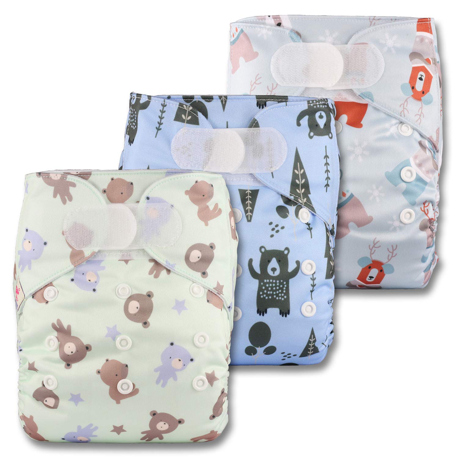Littles & Bloomz, Reusable Pocket Cloth Nappy, Fastener: Hook-Loop, Set of 3, Patterns 308, with 3 Bamboo Charcoal Inserts