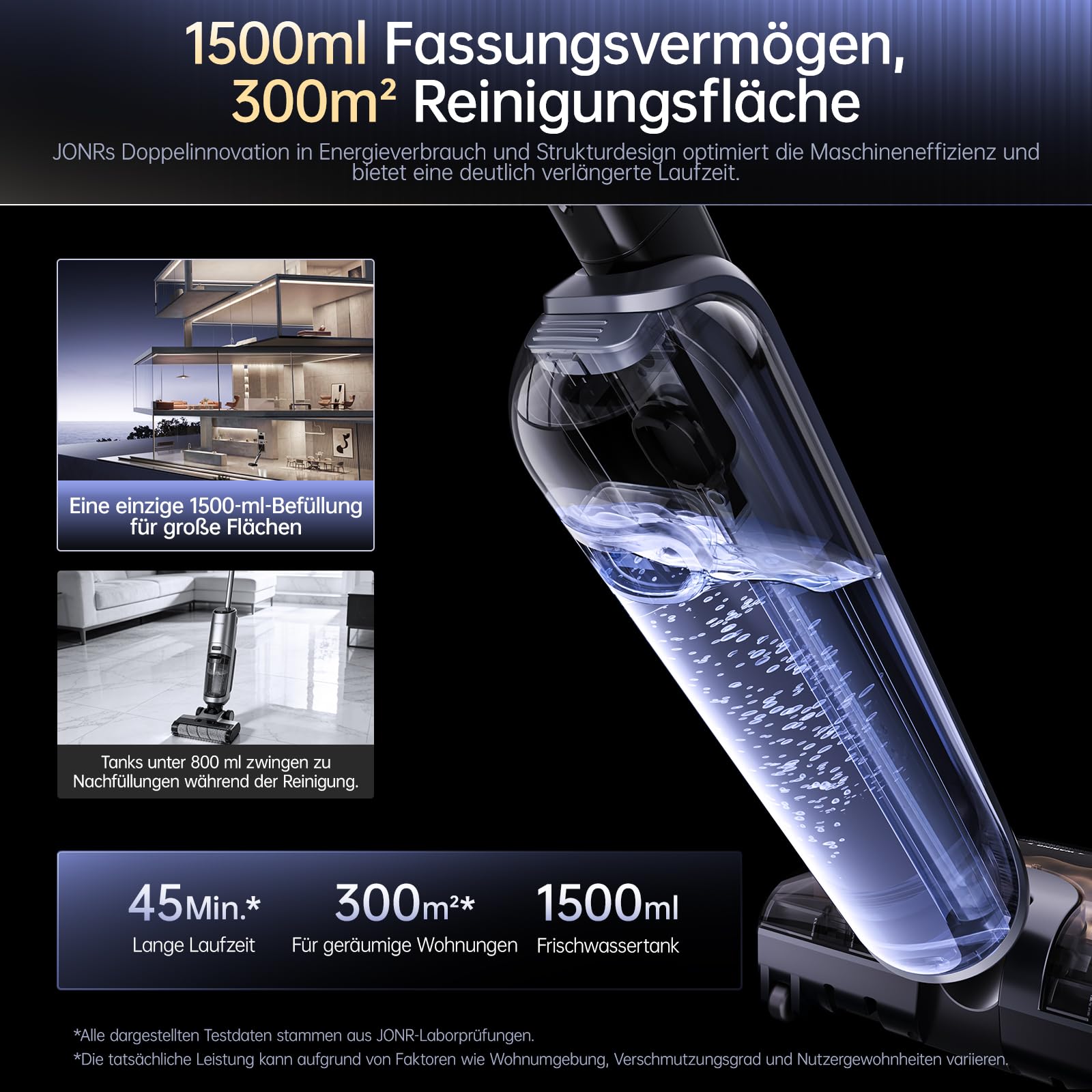 JONR 20000 Pa H2 PRO Nass-Trockensauger, Innovatives Geruchsfreies Design, Heißwasser-Reinigung,1500ml Extra großer Wassertank mit 180° Flachliegend(unverminderte Saugleistung & Wasserleistung). (M)