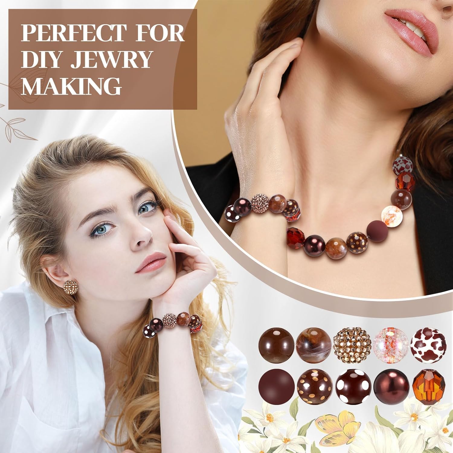 20 Pcs Chunky Bubblegum Beads 20mm Focal Pen Large Rhinestone Pearl Beads for DIY Beadable Pen School Jewelry Making Keychain Craft Making(Brown) - Image 4