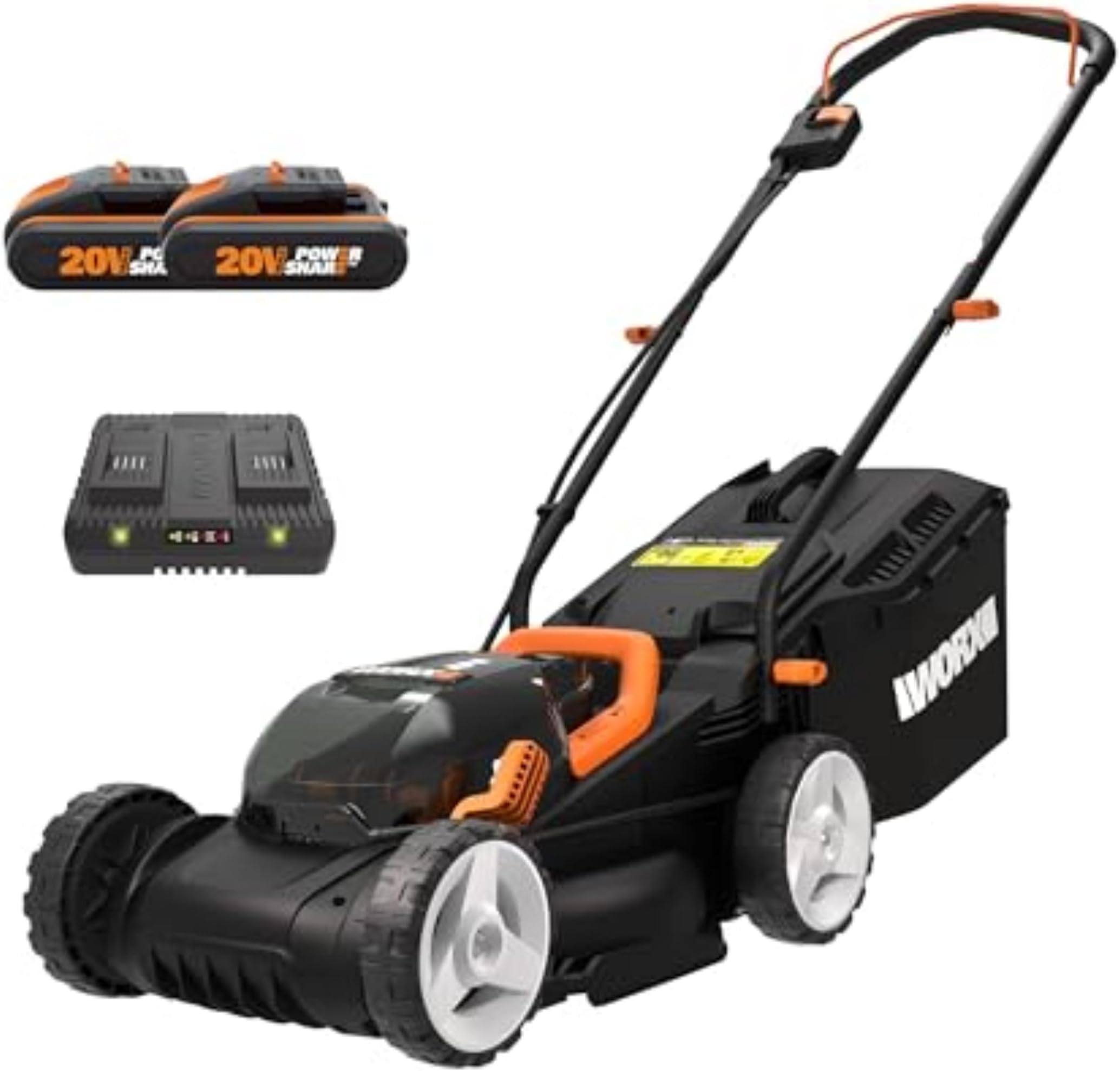 – Worx WG779E.2 40V 34cm Cordless Lawnmower, ideal for Gardens up to 230㎡, Cut-to-Edge, striped Lawn Roller, foldable Handle, PowerShare, includes 2x 2.0Ah Batteries, Charger & 30L Grass collection bag