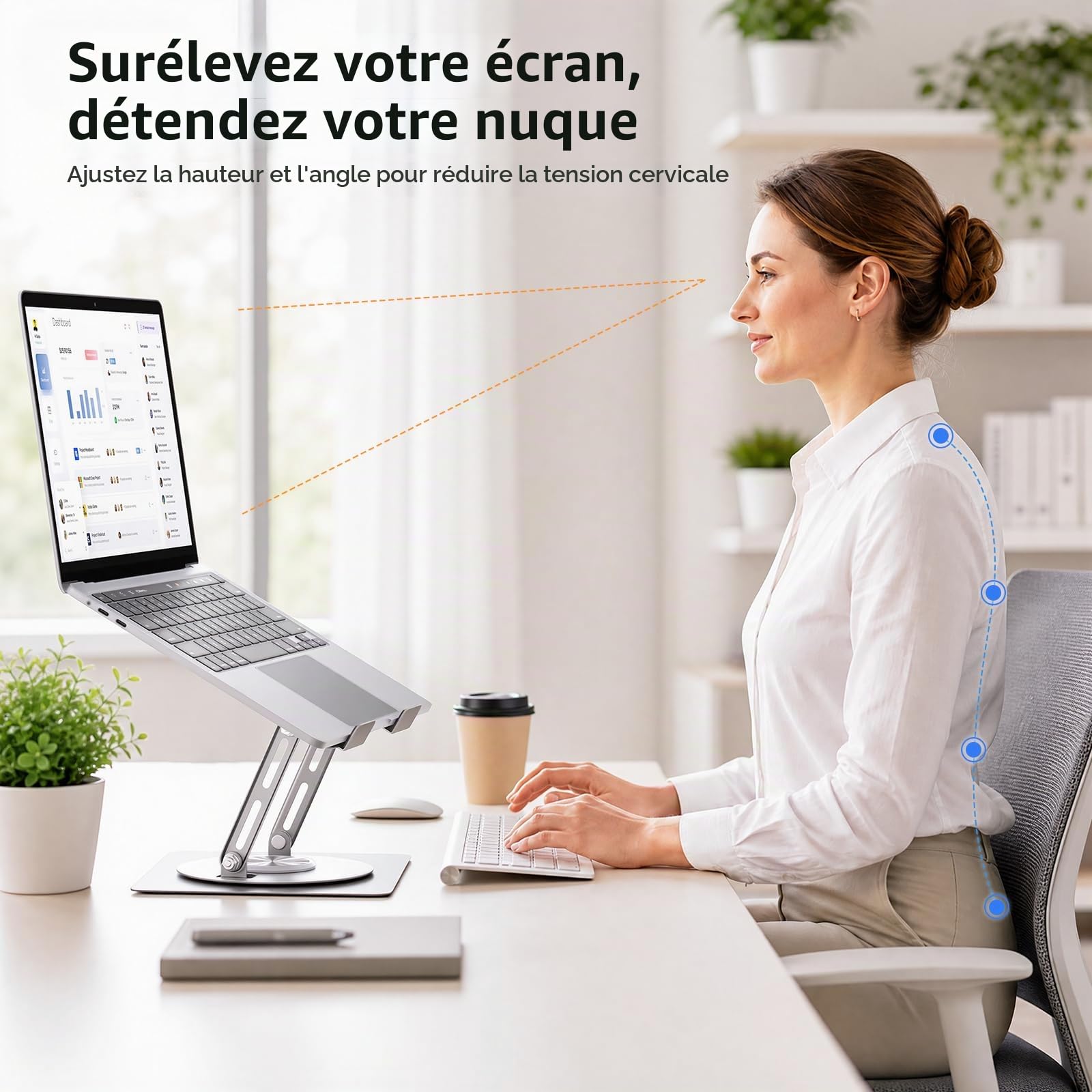 Euqvunn Support Ordinateur Portable, Pliable Support PC avec Base Rotative à 360°, Rehausseur Ordinateur Portable, Réglable en Hauteur et en Angle, Compatible avec MacBook Pro/Air, 11–16"(Argent)