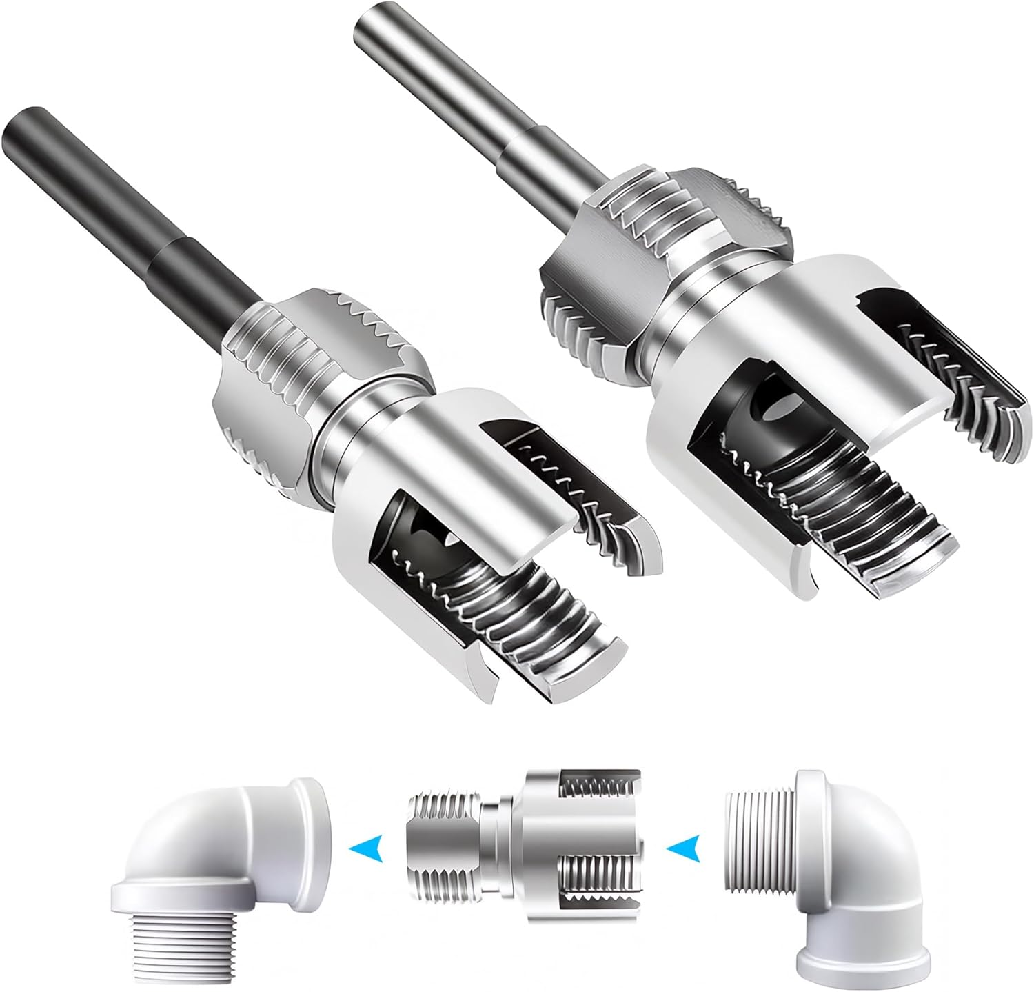 4 in 1 Water Pipe Wrench, Pipe Tapping and Threading Tool Carbon Steel Dual-Function Internal & External Pipe Threader for 1/2", 3/4", 1" Sizes PVC Pipes Suit for All Electric Drills (1"+1/2"+3/4")