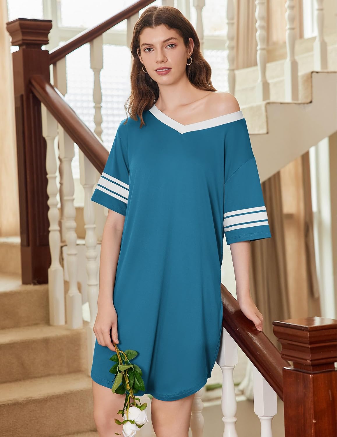Ekouaer Nightgowns for Women 2 Pack Sleepshirts Short Sleeve Nightshirt V Neck Sleepwear Casual Pajama Dress