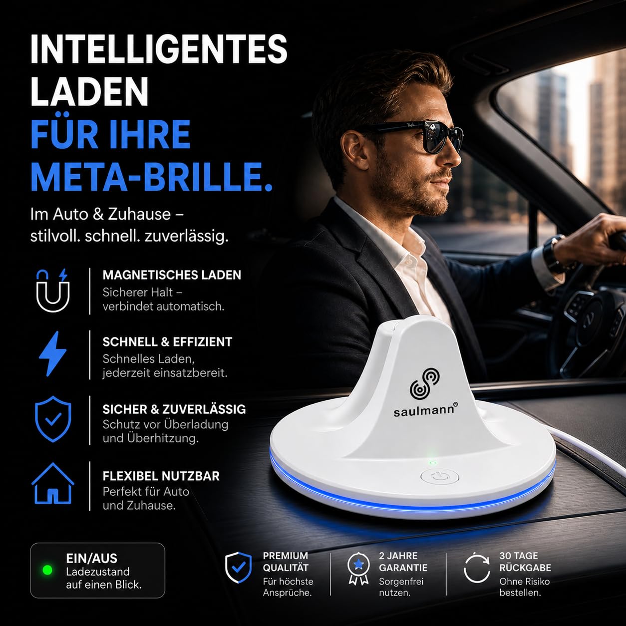 Saulmann Stazione di ricarica e cavo compatibile con Ray-Ban Meta Smart Glasses Gen 1 & 2 con indicatore LED USB-C. Incl. 2 x LED Blocker - SJ7 BIANCO