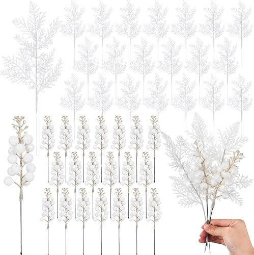 Cindeer 80 tallos de bayas con purpurina de Navidad y agujas de pino artificiales con purpurina navideña, púas de flores falsas, decoraciones de