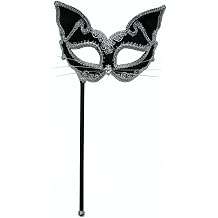 Bristol Novelty Black/Silver Cat Mask On Stick Eye Masks - Women's - One Size