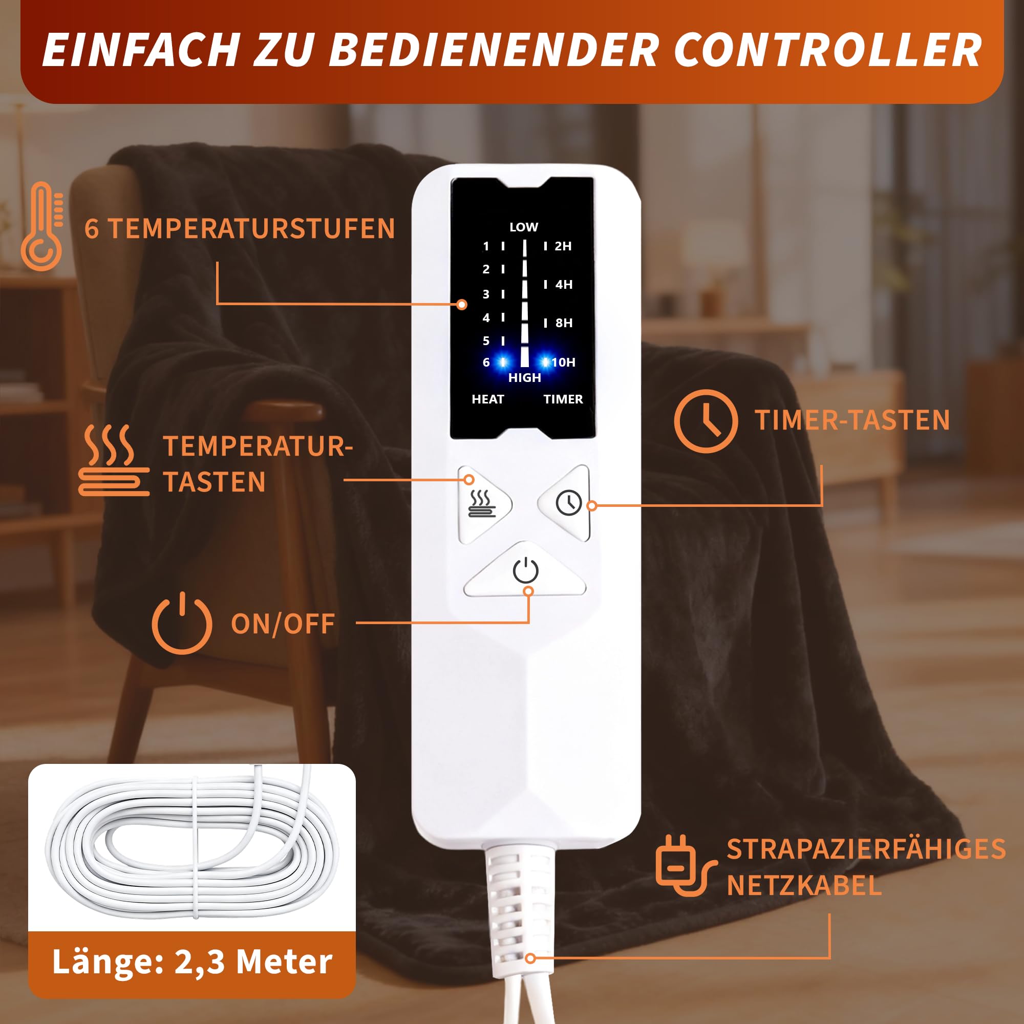 Citybee Heizdecke mit Abschaltautomatik Elektrische Wärmedecke 200x180cm - Beheizbare Kuscheldecke 6 Heizstufen mit 10 Stunden Timer Überhitzungsschutz - Heating Fleece Blanket Waschbar für Bett&Sofa