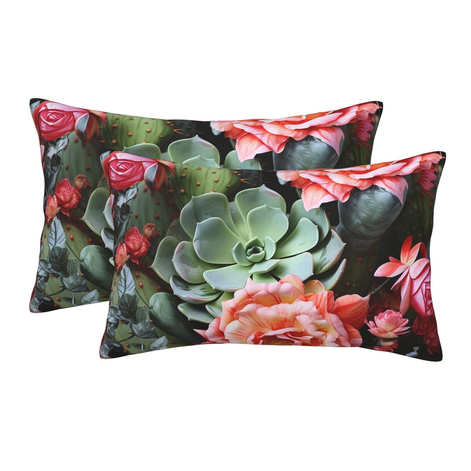 2 Pack Pillow Cases with Hidden Zipper, Soft Breathable Pillow Covers for Hair and Skin, Roses Flowers and Cactus Pillowcases 14"x20" Bed Pillow Protectors Cover for Sleeping Gifts