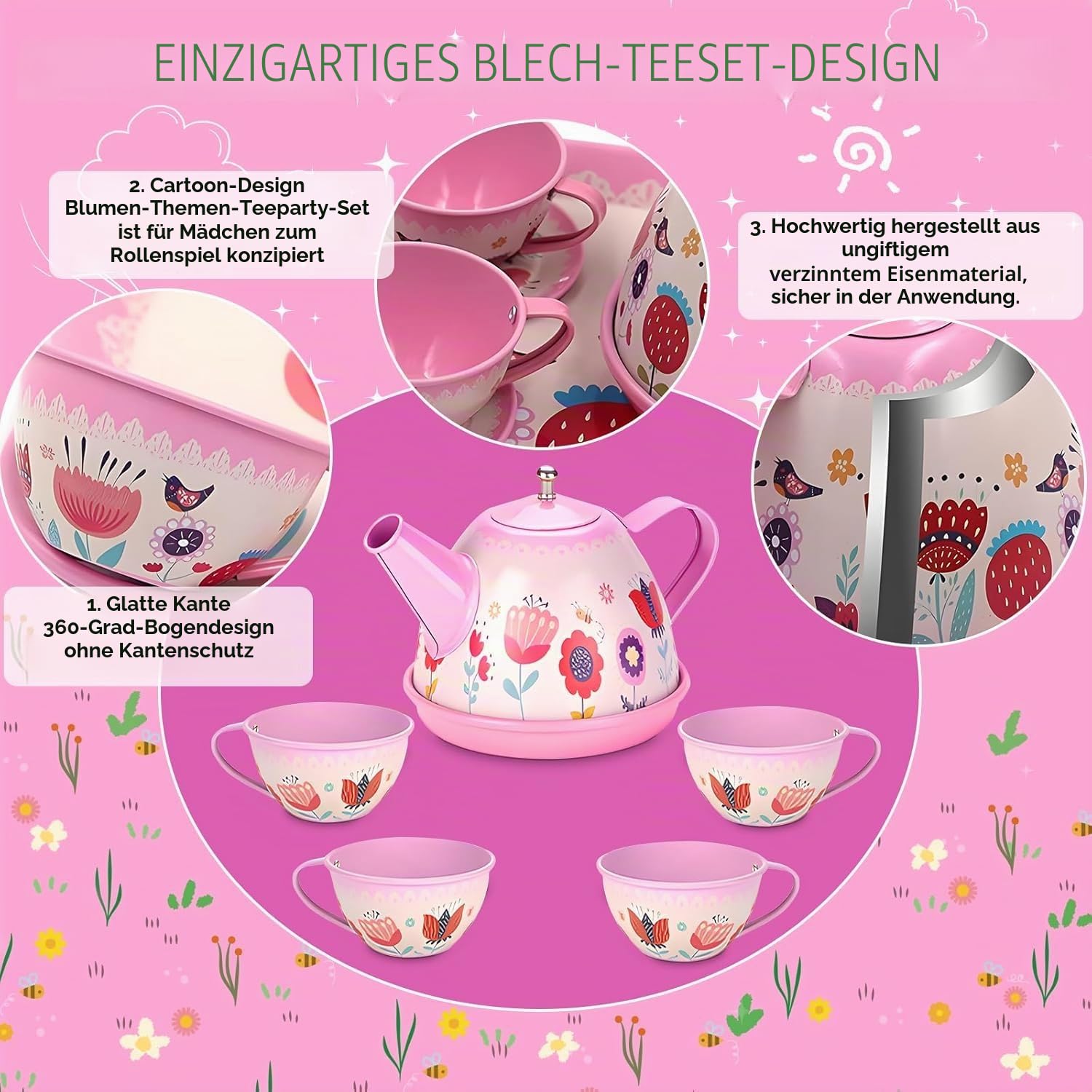 Teeservice Kinder, 46 Teile Puppengeschirr Kinderküche Tin Teekanne Set, Spielküche Zubehör für Kinder Küche Tee Party, Rollenspiele für Spielzeug Mädchen 3 4 5 6 7 Jahre Geschenkideen