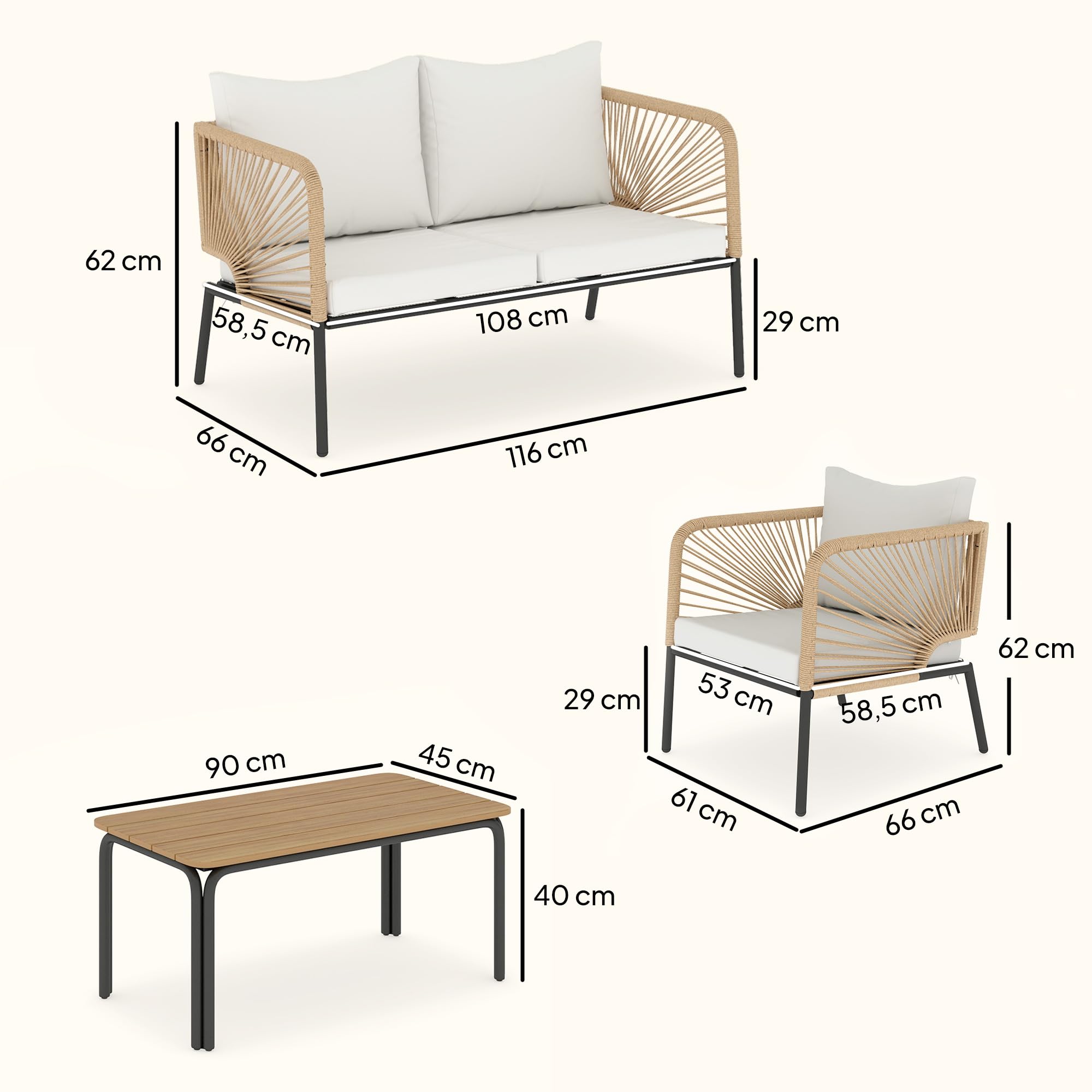 Outsunny Gartenmöbel Set Rattan Sitzgruppe für 4 Personen 2er Sofa Weiß | Gartenlounge, 2 Sessel, Lamell-Tisch, Seilflecht, Waschbar Sitzkissen, Holzoptik, Outdoor Balkonmöbel