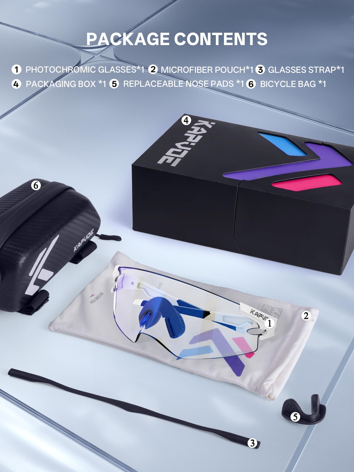 KAPVOE K410 Occhiali da Ciclismo Fotocromatici & Alta Definizione Unisex, Montatura TR90, Lenti UV400, Astine Regolabili, Include Borsa per Bicicletta, Occhiali Sportivi per MTB e Attività Outdoor