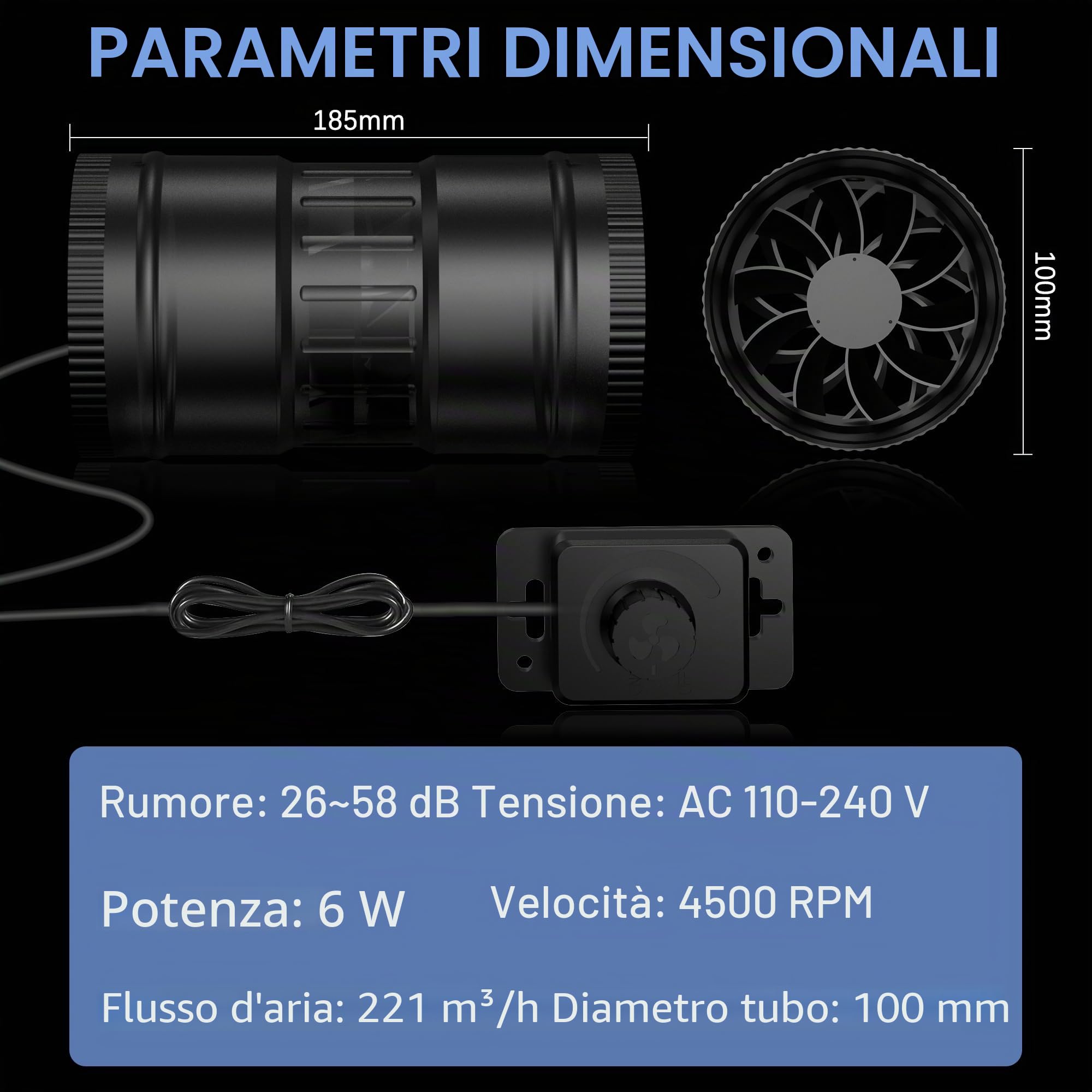 Regolabile Ventola Aspirazione 100mm, Ventola Estrazione 221 m³/h Ventola di Scarico con Controllore di Velocità, Estrattore Aria In Linea Per Booster, Tenda di Crescita,Ventilazione.