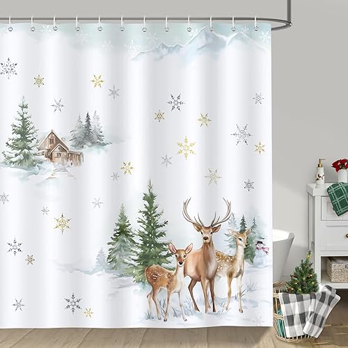 Bonhause Cortina de ducha con diseño de bosque invernal, diseño de pino, ciervo, copo de nieve, Navidad, cortina de baño decorativa de 72 x 72