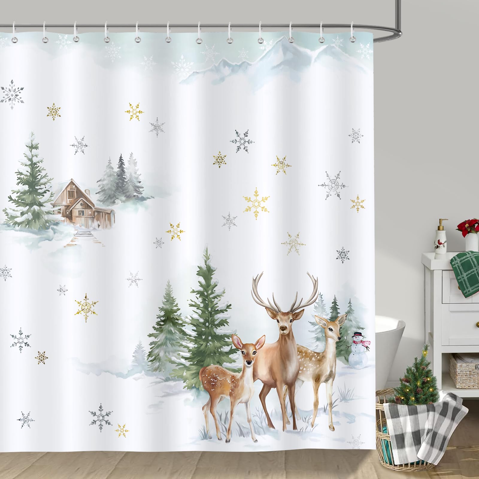 Bonhause Winter Deer Shower Curtain, Snowy Pine Tree Cabin Snowflake Christmas Bathroom Curtain 72 x 72 Inch Polyester Fabric Waterproof Bath Curtain
