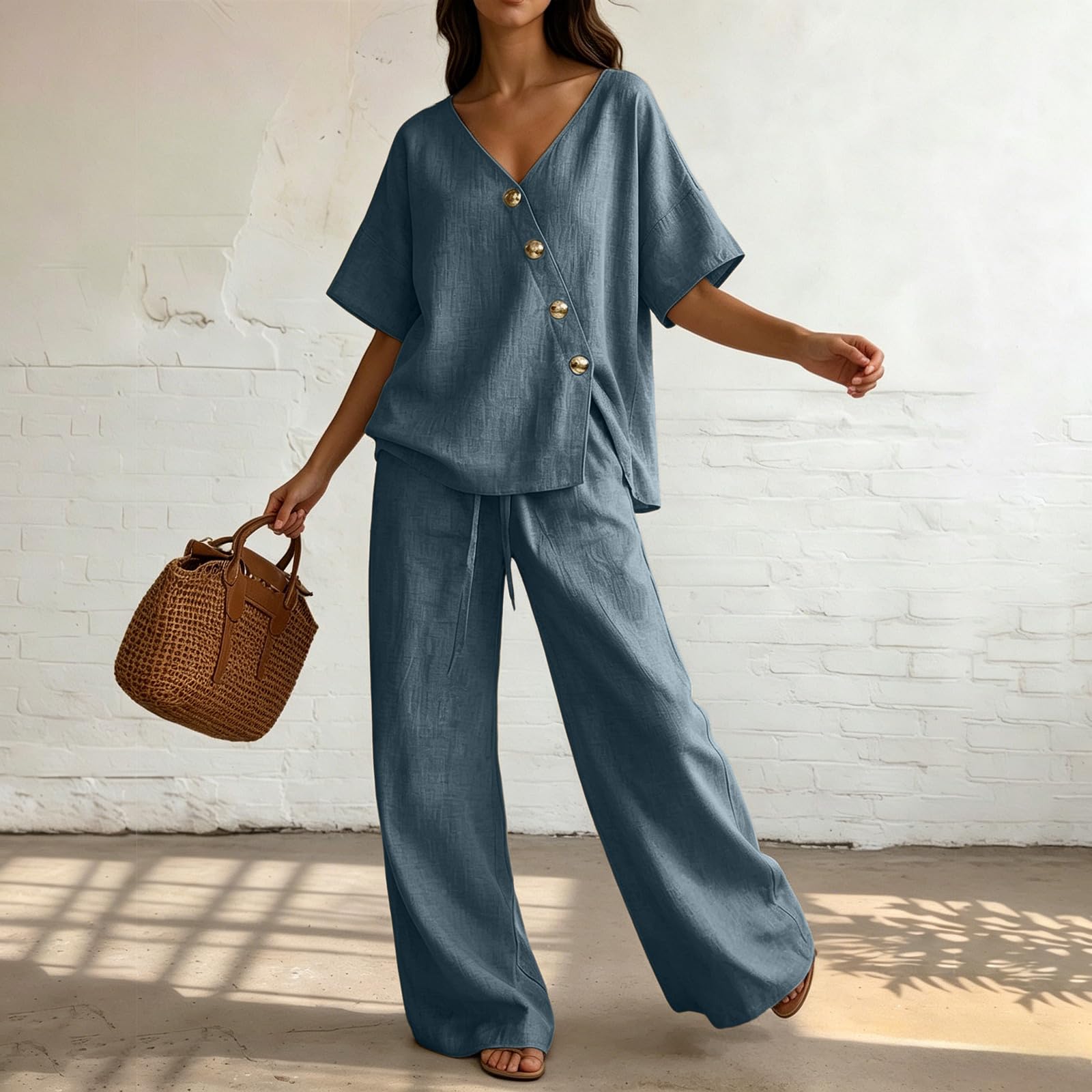 Ensemble Femme Chic Et Elegant Ete Pantalon Large Haut Fluide Tenue D'été 2 Pièces Pour Femme Élégant Tenue Décontractée Léger Respirant Tailleurs Chemisier Vetement pour Sorties Quotidiennes