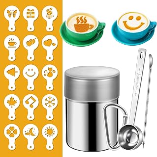 Chocolate Shaker, Cappuccino Shaker, Stainless Steel Cocoa Powder Shaker with 19 Pcs Coffee Stencils & Latte Art Pen & Mea...
