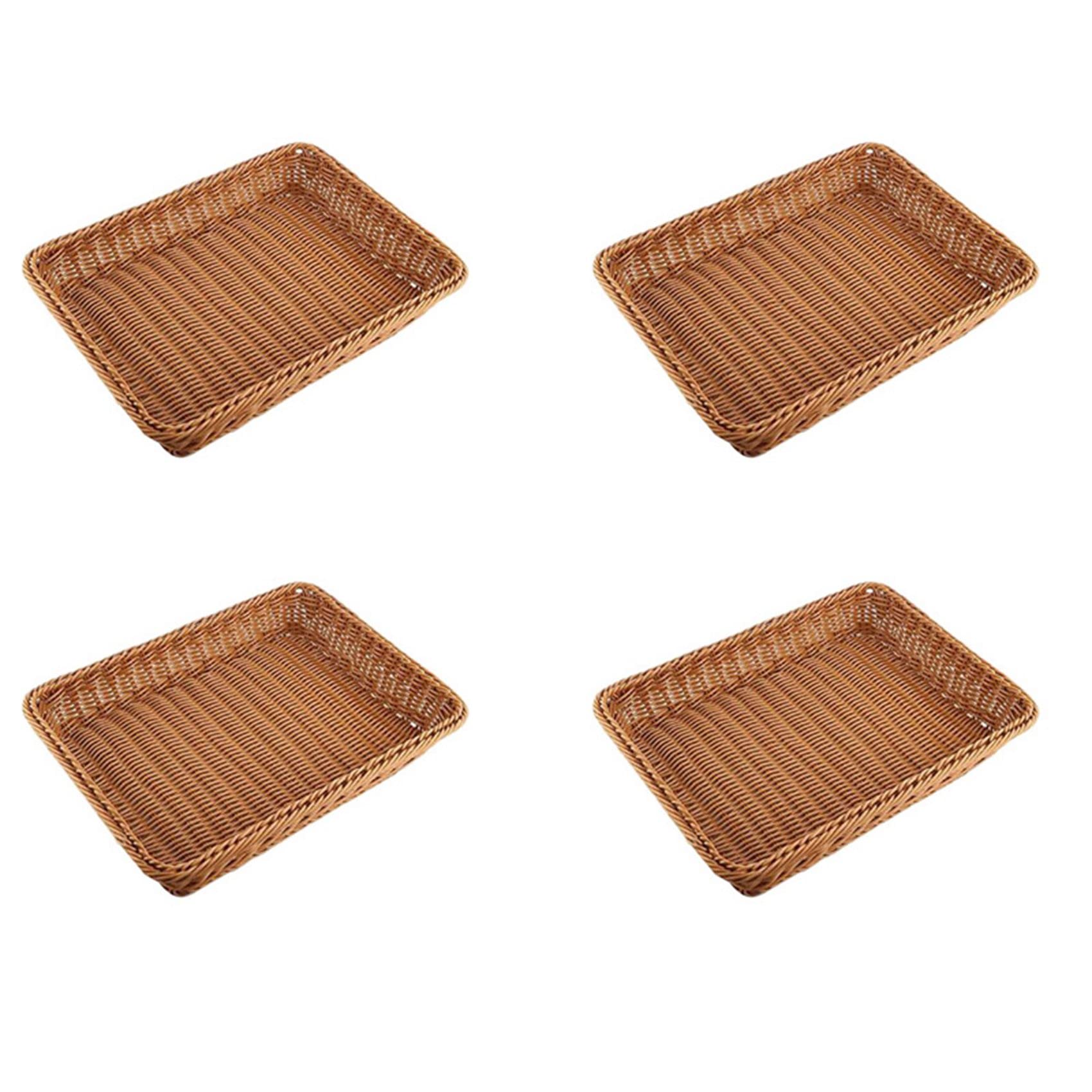Hndhbfgrt 4X Plastic Rattan Basket, Bread Basket Bread Shop Supermarket Display Basket Woven Tabletop Food Fruit Brown