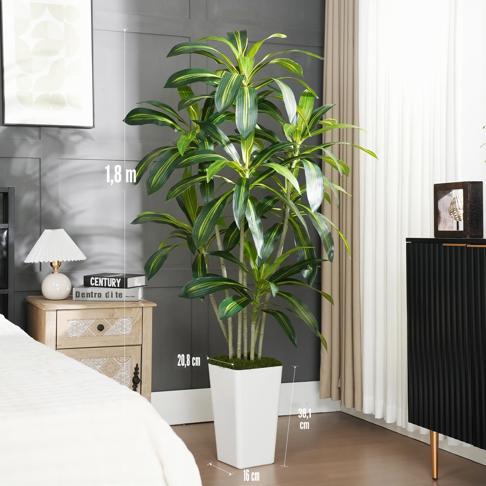 Planta Artificial Dracaena de 180cm Planta Artificial Grande con Maceta Alta Blanca Plantas Artificiales Decorativas para Interiores Decoración Salon hogar Dormitorio Oficina Pasillo