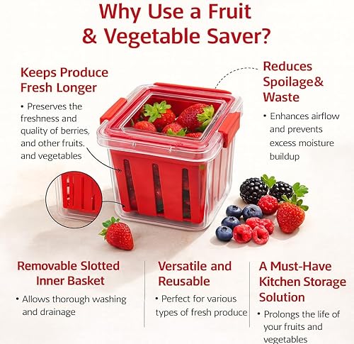 Vista 3 de Home & Style Recipiente de almacenamiento de productos con colador, enjuague, escurre y mantiene las frutas frescas, sin BPA, con tapa, ideal