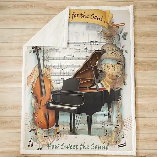 Miniatura 2 de Manta de violonchelo de piano, manta temática musical para niños, niñas, niños y adultos, decoración de habitación de estilo retro, manta de vellón