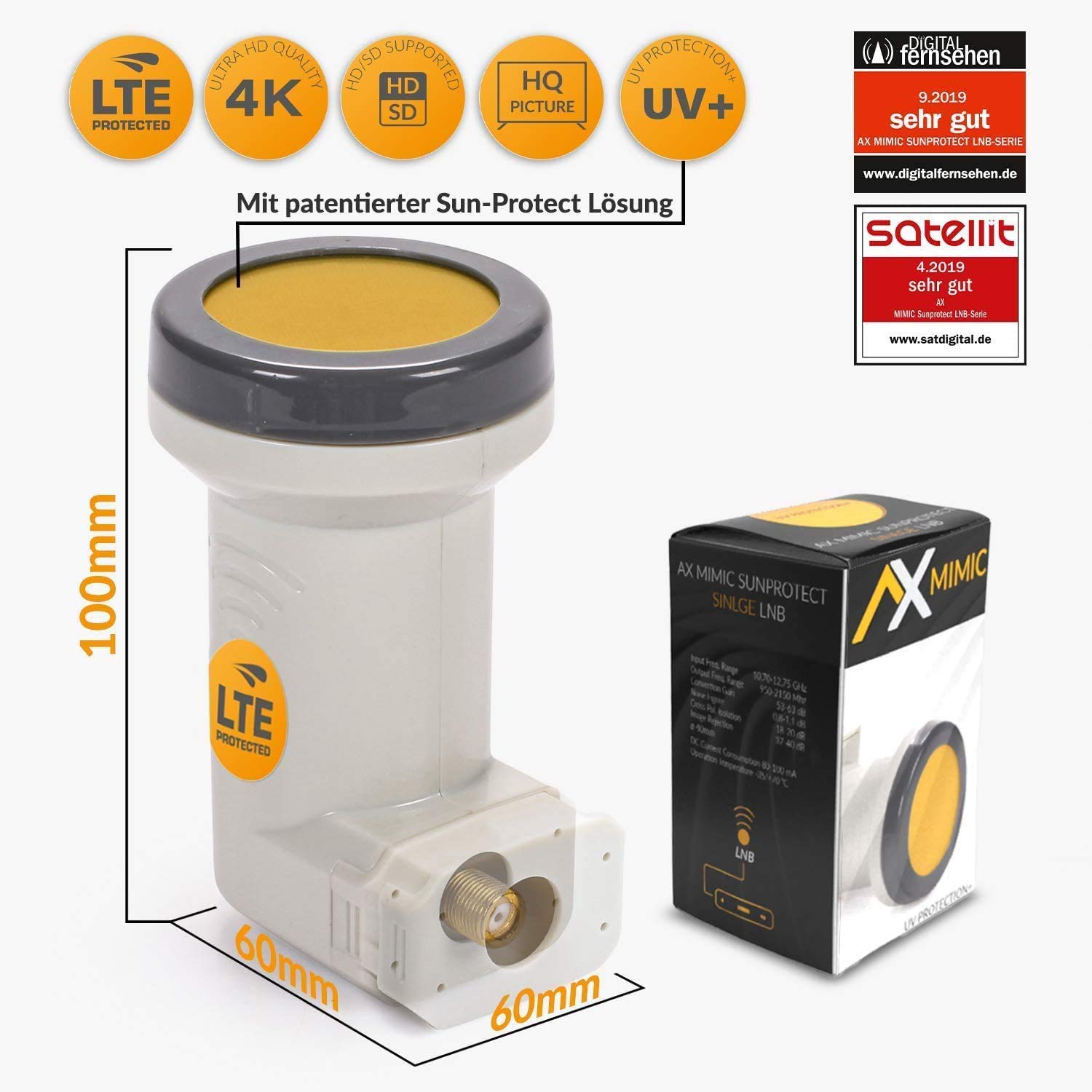 AX Mimic Sun Protect Digital Single LNB – 0,1 dB [test 2 x très bien] HDTV, 4 K, UHD, Full HD – Extrêmement résistant au froid et à la chaleur (-35 à 70 °C)