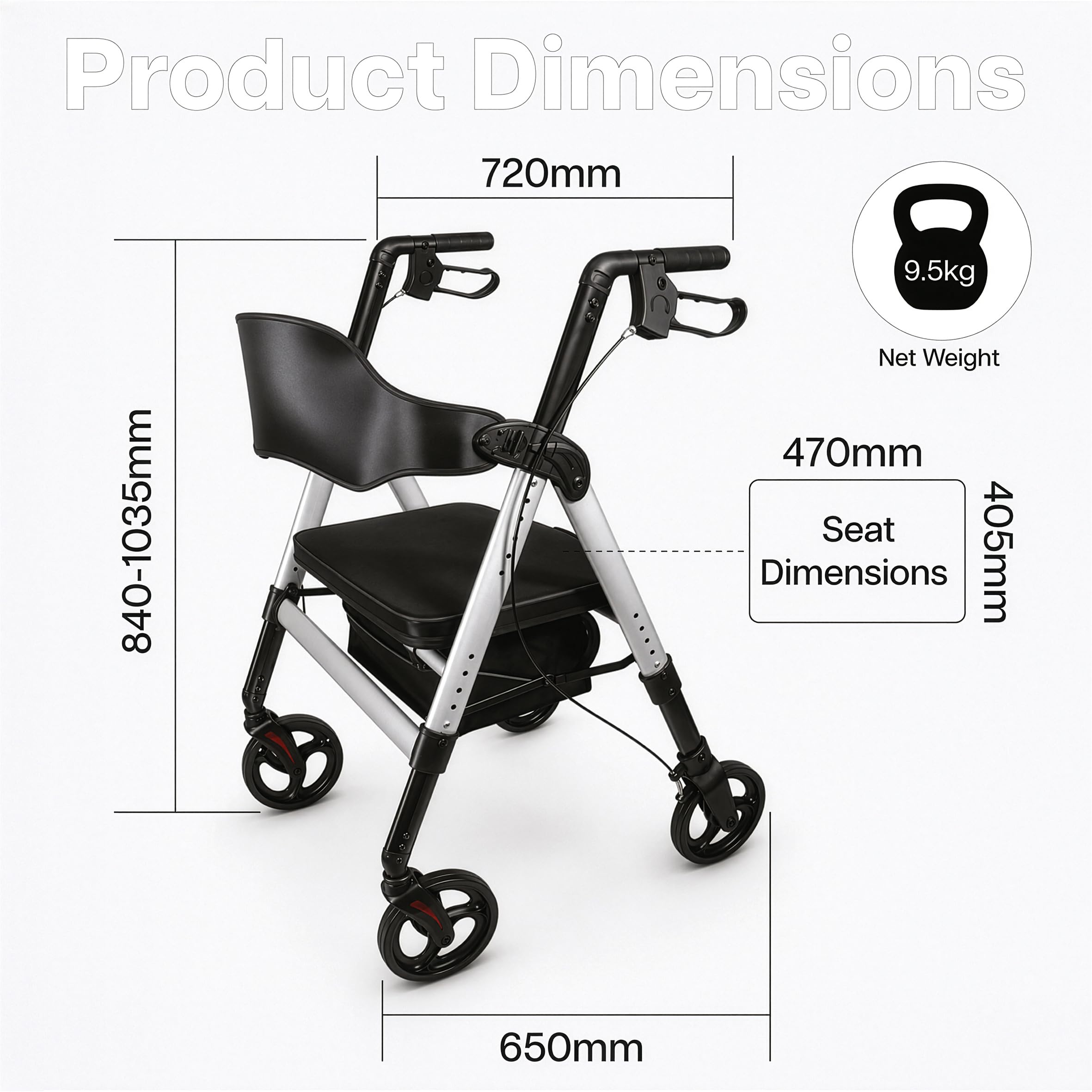Aidapt Bariatrischer Rollator, zusammenklappbar, leicht, 4 Räder, Mobilitätshilfe mit Sitz, abnehmbarer Tragetasche, feststellbaren Bremsen und pannensicheren Reifen für den Innen- und Außenbereich.