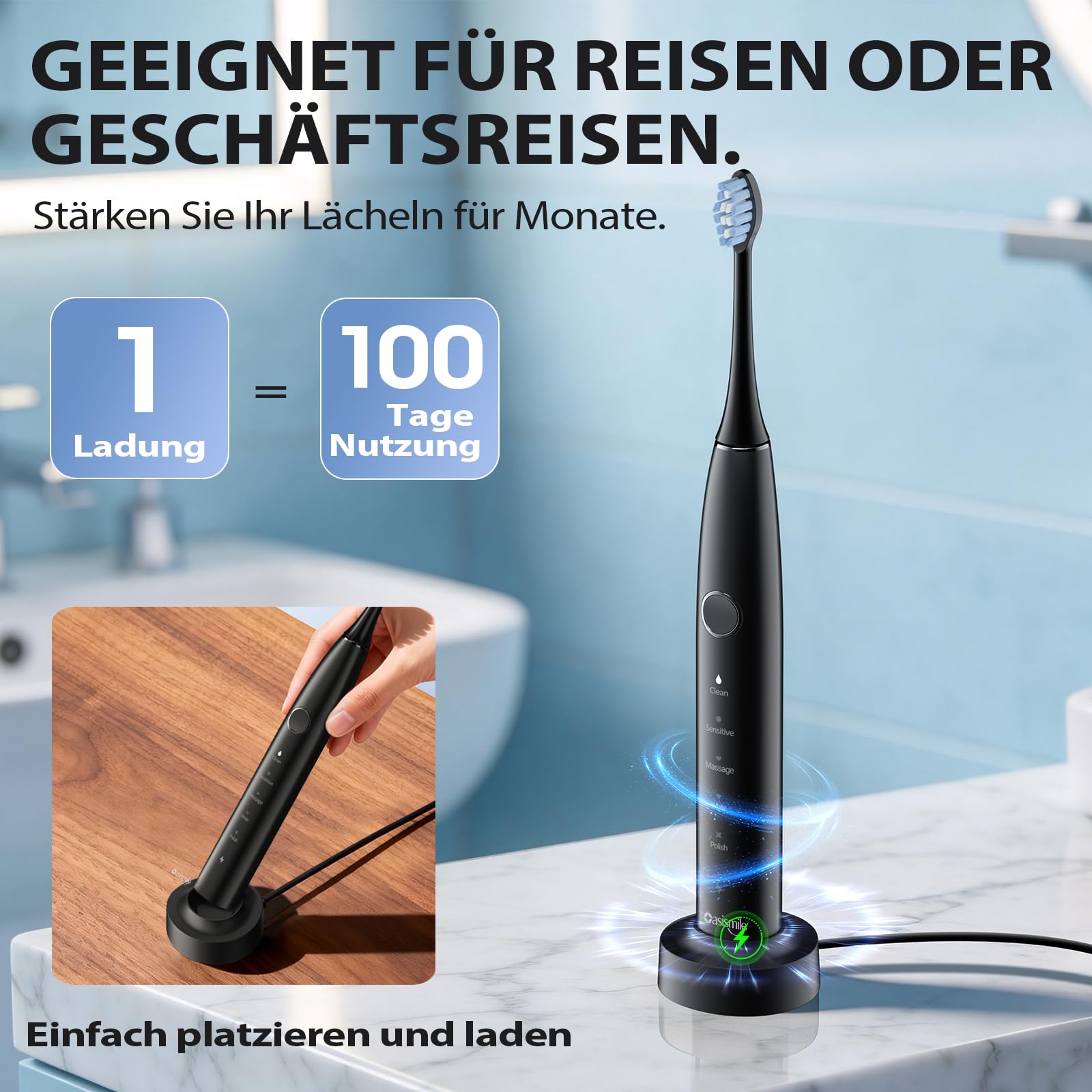 Oasismile X610 Elektrische Schallzahnbürste für Empfindliches Zahnfleisch, Sanfte und Gründliche Reinigung, 5 Modi, 42000 VPM, 100 Tage Akku, IPX7 Wasserdicht, mit Reiseetui und 6 Bürstenköpfen