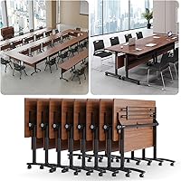 NOXMIZ Folding Conference Tables 6-Pack, 63in Walnut Flip-Top with Wheels for 6-12 People - Mobile Office Meeting Room Furniture