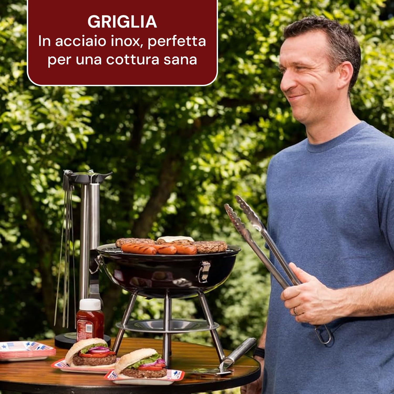 Grill okrągły z pokrywką 39 x 34 cm – idealny do gotowania mięsa i ryb w ogrodzie, na tarasie lub na kempingu - z grillem ze stali nierdzewnej i zestawem montażowym - odporny na warunki