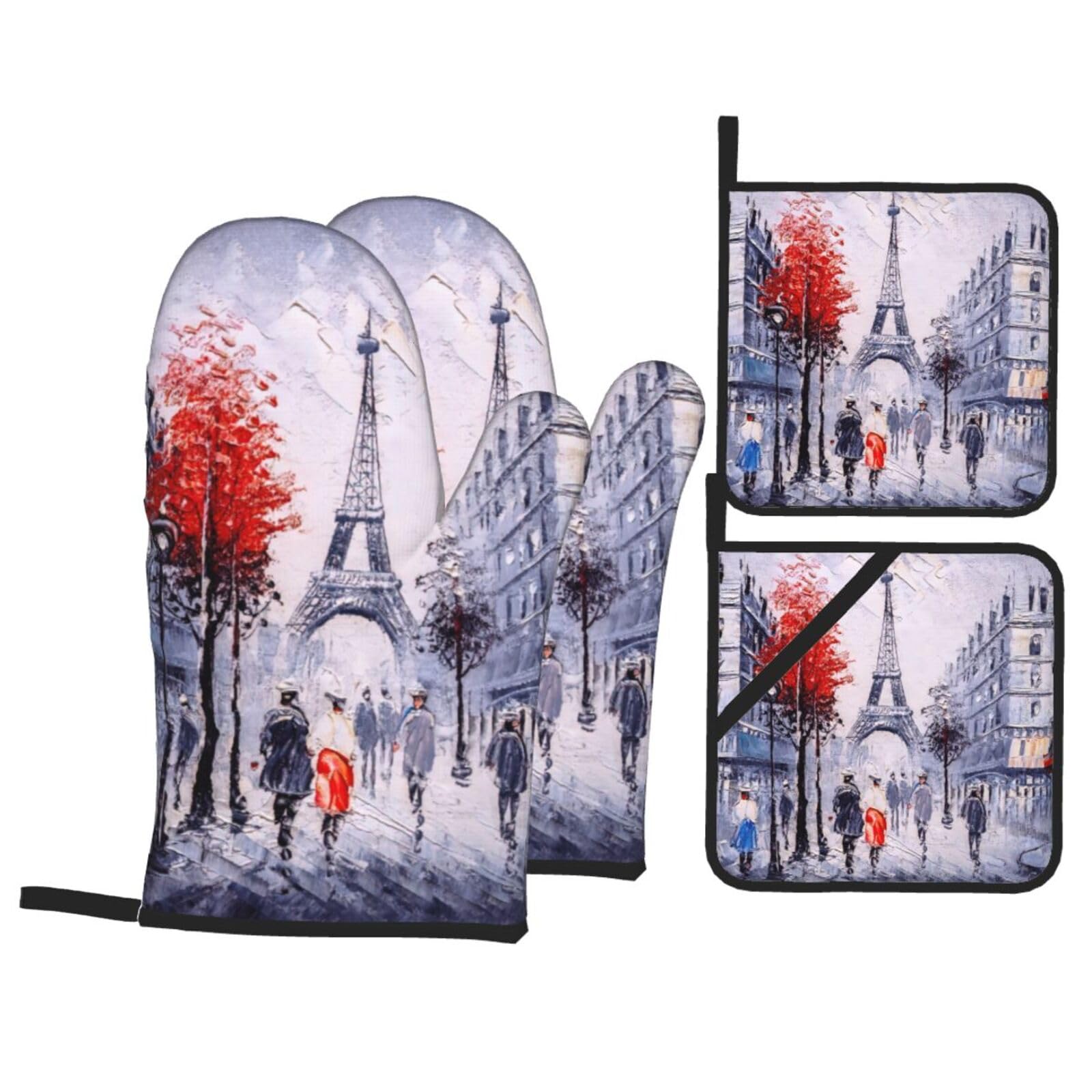 Paris City Tree Eiffel Tower Art Print 4-Piece Heat-Resistant Oven Waterproof Kitchen Gloves Cooking Roasting Essential