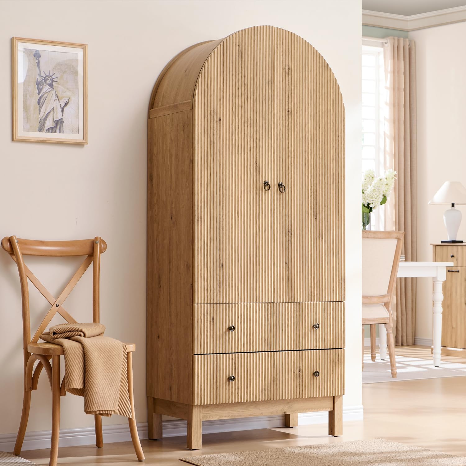 IFBUY 71" Tall Arched Bathroom Storage Cabinet, Modern Fluted Cabinet Storage with 4 Shlves and 2 Drawers, Floor Cabinet for Bathroom, Living Room, Kitchen, Natural