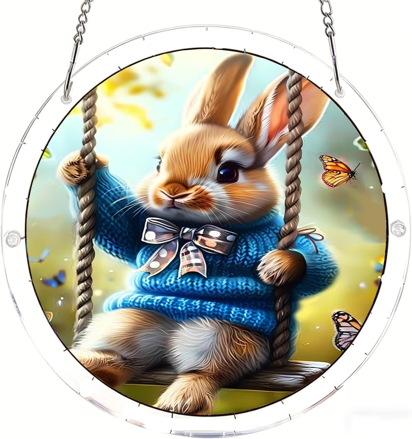The Rabbit on The Swing Swing Acrylic Jigsaw Puzzles Suncatcher, 8.9 Inch Window Hanging Suncatcher Acrylic Puzzle, DIY Home Decor Art Gift