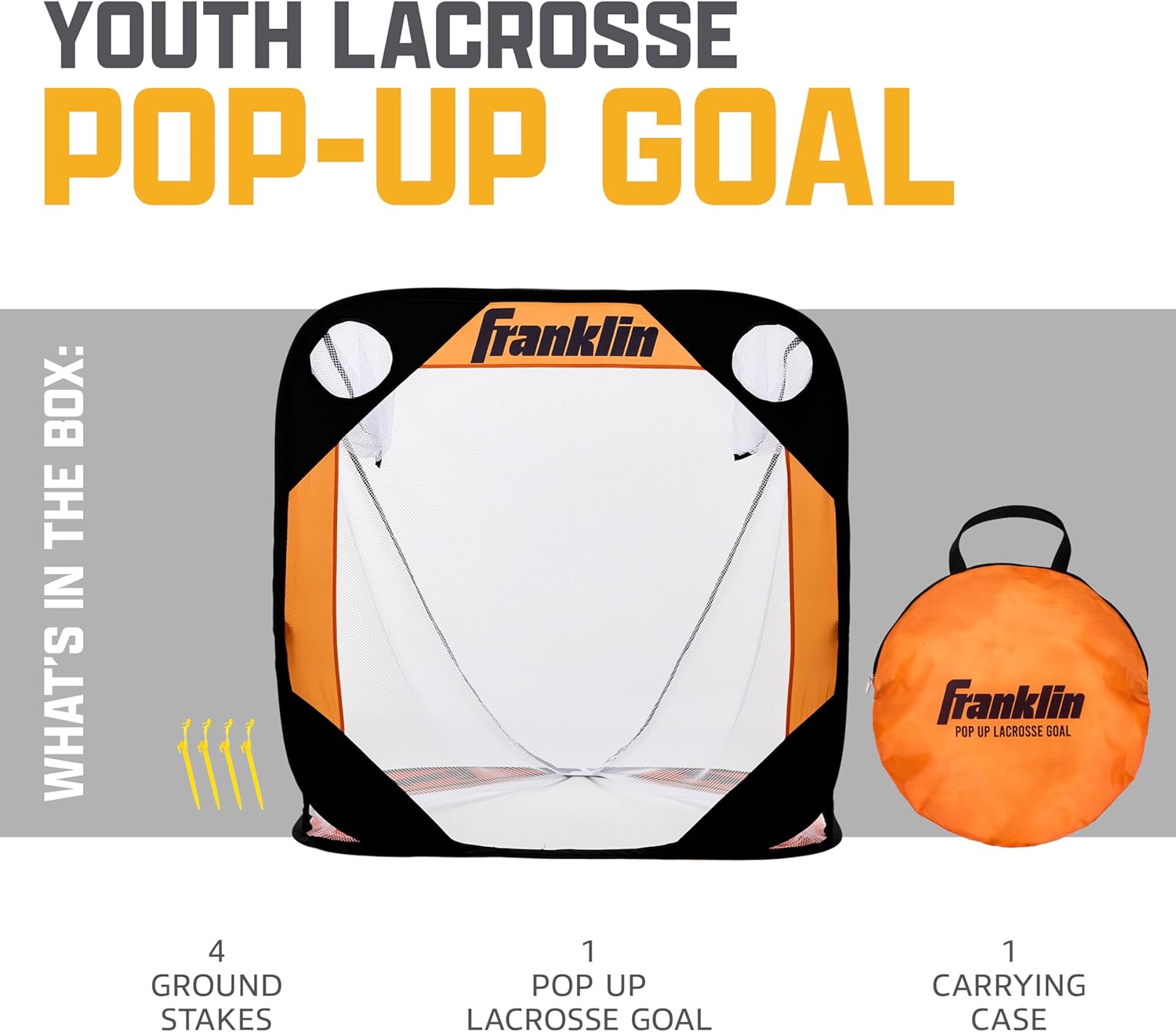 Franklin Sports Youth Lacrosse Pop-Up Goal – 3’x3’ Portable Net with Carrying Case – Backyard Practice Goal for Kids – Easy Setup with Ground Stakes – Improve Shooting Accuracy