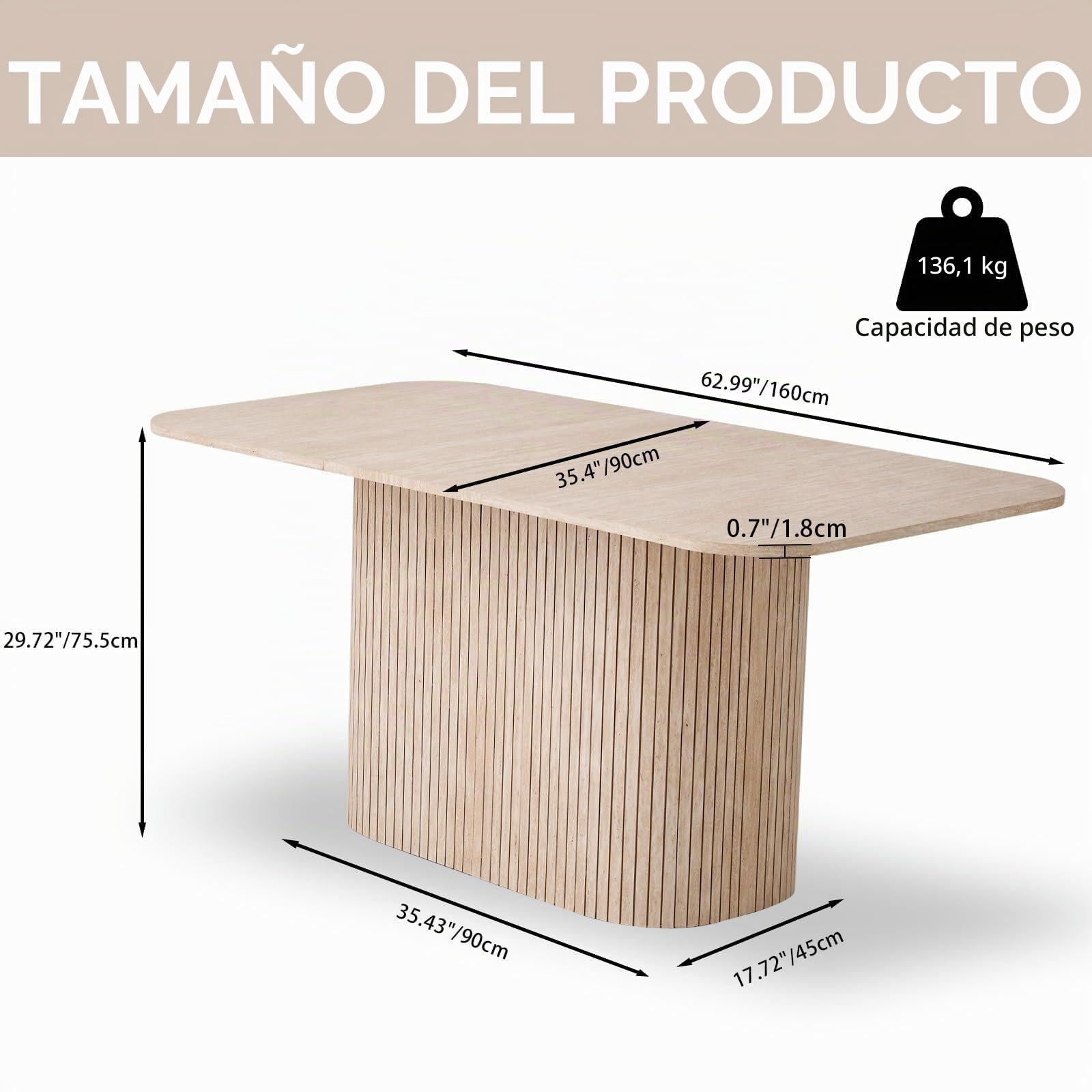 Mesa Comedor Rectangular para 4-6 Personas - 160 x 90 x 75 cm - Tablero de MDF con Acabado en Travertino - Mesa de Cocina con Base Ovalada Elegante, Amarillo Claro