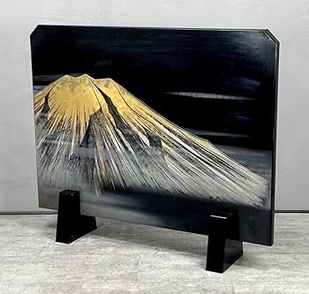 Amazon.co.jp: 大角博明輪島塗金蒔絵富士図富岳風景木製衝立漆富士山松