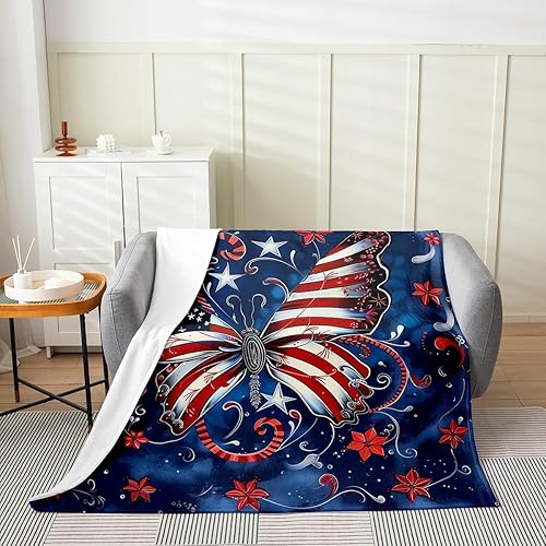 Erosebridal Butterfly Fleece Throw Blanket 40"x50" - Ultra-Soft for Couch Sofa Bed,American Flag Flannel Blanket,Red White Blue Moth Fuzzy Plush