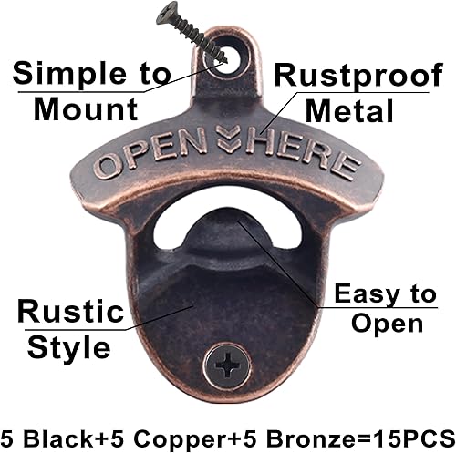 Miniatura 2 de 15 paquetes de abridor de botellas montado en la pared, abrebotellas de montaje retro, inoxidable, abrebotellas de metal vintage duradero para bar,