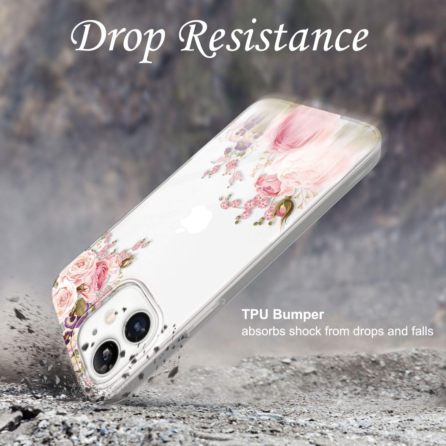 JAHOLAN Clear Case Compatible with iPhone 12, Compatible with iPhone 12 Pro, Cute Design Flexible TPU Bumper Hard Back Cover Phone Case 6.1 inch 2020 Girl Floral Flower Rose