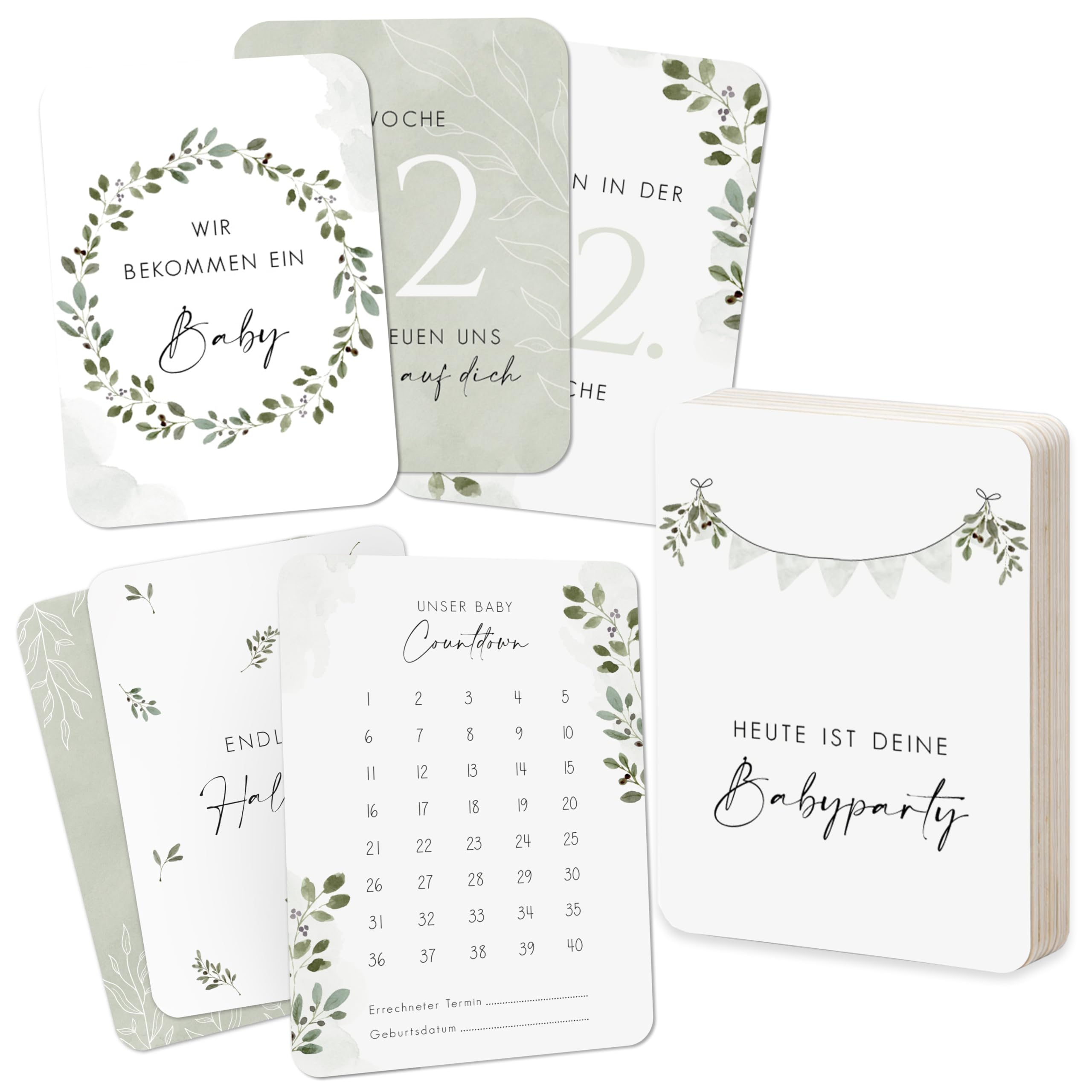 40 Meilensteinkarten Schwangerschaft - Inspirierendes Meilenstein Karten Set inkl. Geschenkbox - für Mädchen & Junge - Babyglück Olive