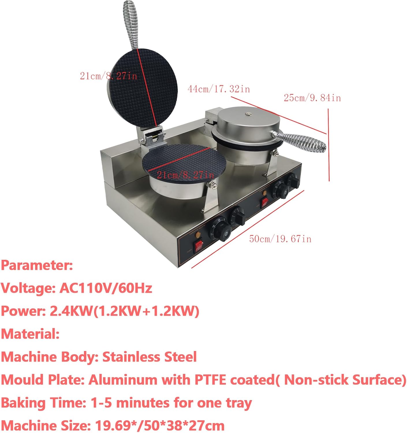 Double Station Ice Cream Waffle Cone Maker Machine Commercial Electric Egg Roll Cone Baker Non-Stick Waffle Roll Maker 110V 2400W