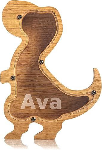 Miniatura 3 de Alcancía de madera Trex de dinosaurio para niños y niñas, hucha de tiranosaurio de madera hecha a mano por expertos, roble duradero con lado de