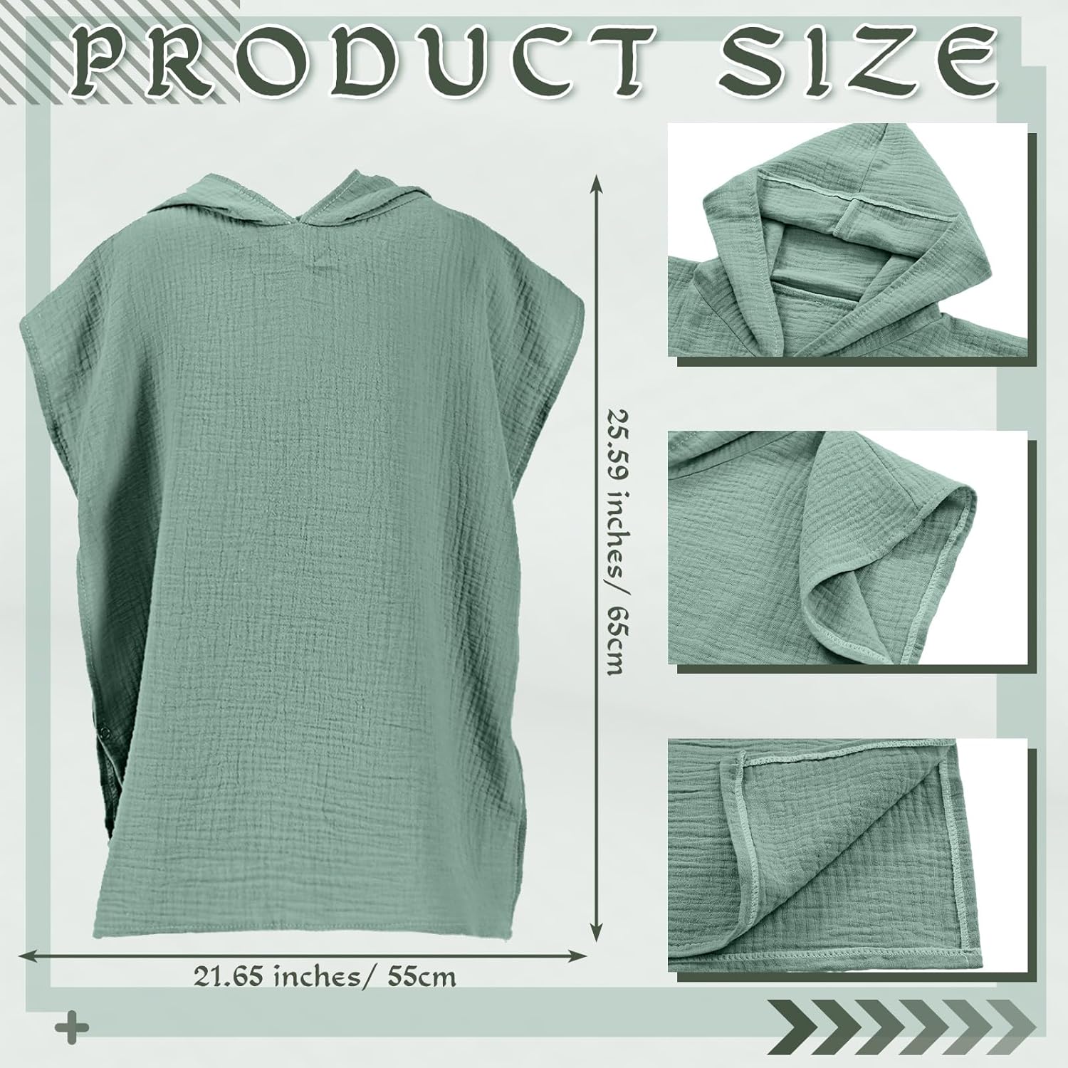 Frienda Muslin Hooded Beach Towel for Kids 22 x 26 Inch Soft Muslin Bath Poncho for Baby Green Absorbent Fast Drying Blankets for Boys Girls Newborns Toddler Beach Pool Bath Essentials - Image 2