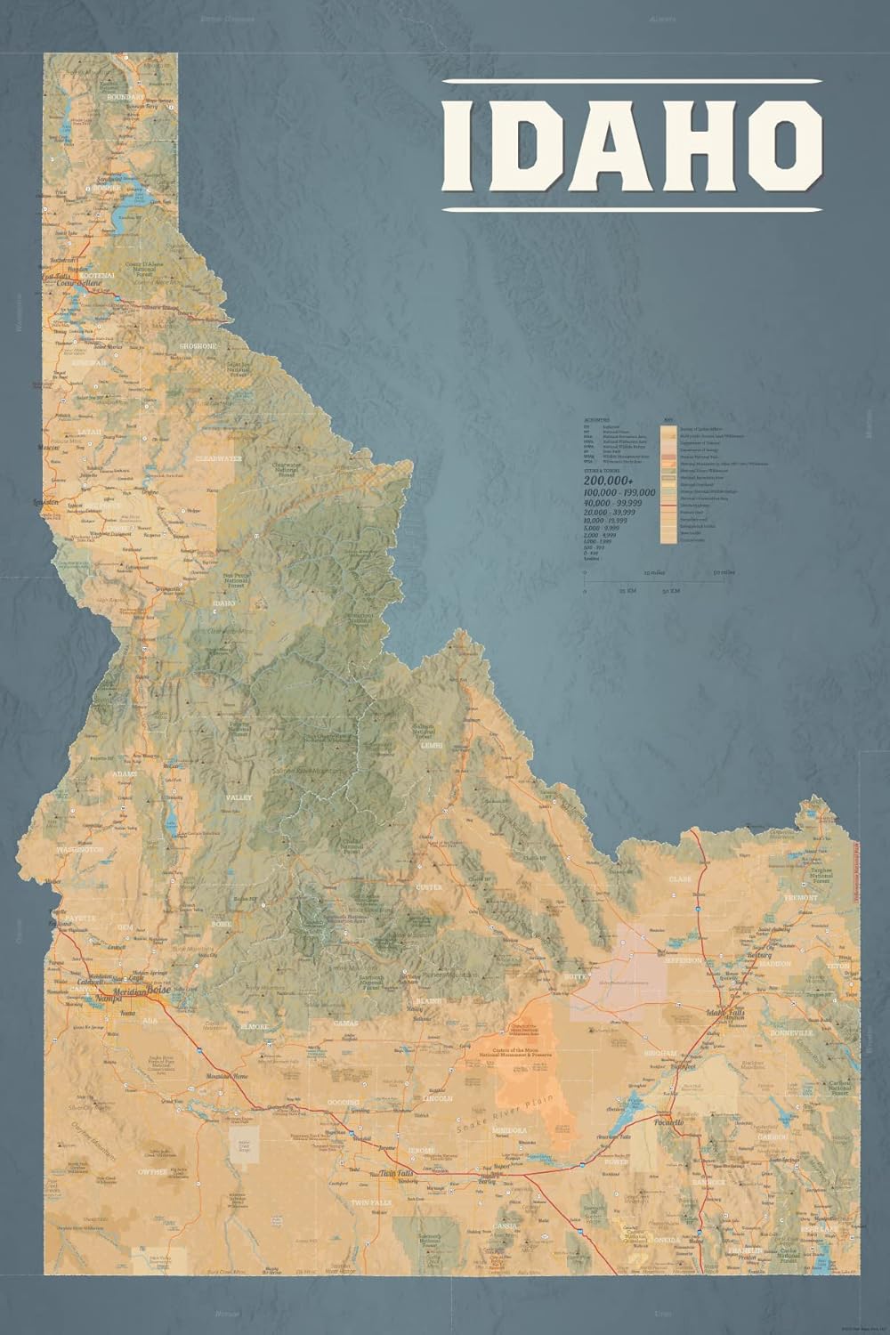 Idaho State Wall Map 24x36 Poster (Tan & Slate Blue)