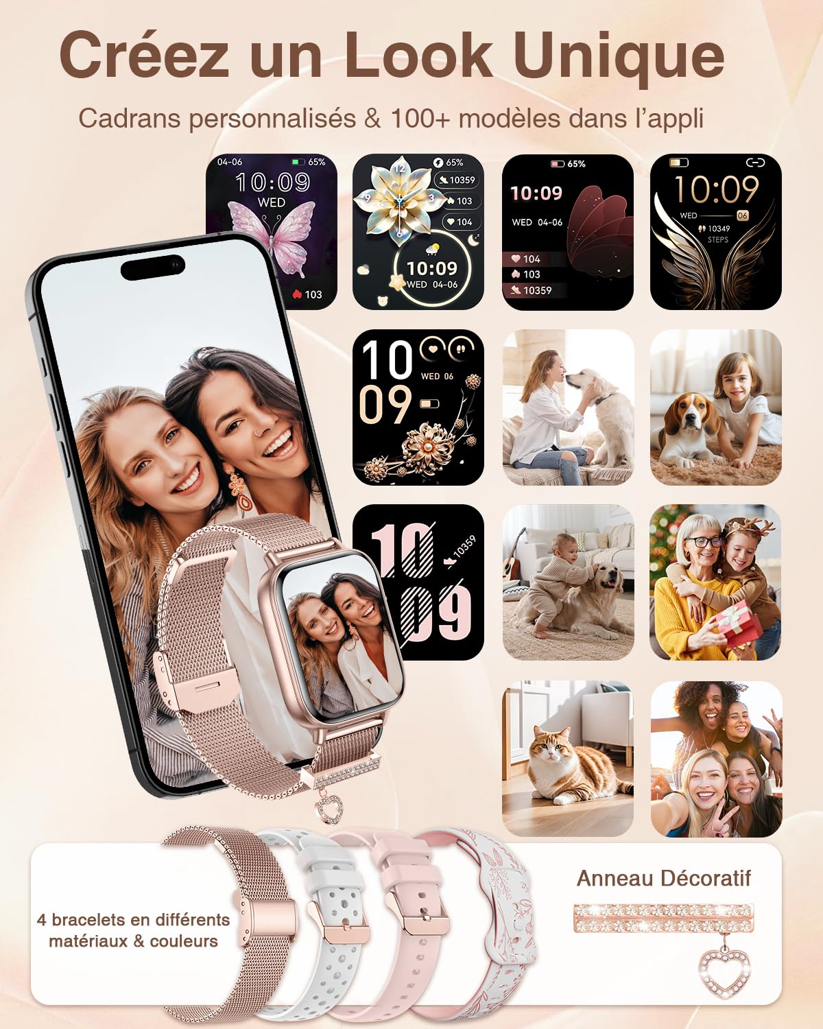 Montre Connectée Femme avec Appel Bluetooth 4 Bracelets 1.83" HD Smartwatch Femme avec Fréquence Cardiaque Sommeil Féminine 110+ Modes Sportifs Podomètre Tracker d'activité pour Android iOS, Or rose