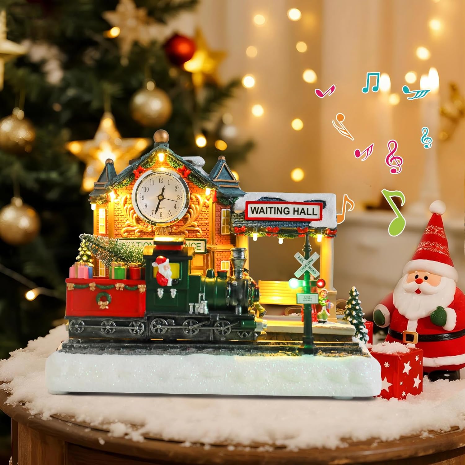 vcuteka animated christmas village houses, lighted musical christmas village train station with santa, victorian xmas village collectible building for holiday table display or home décor black