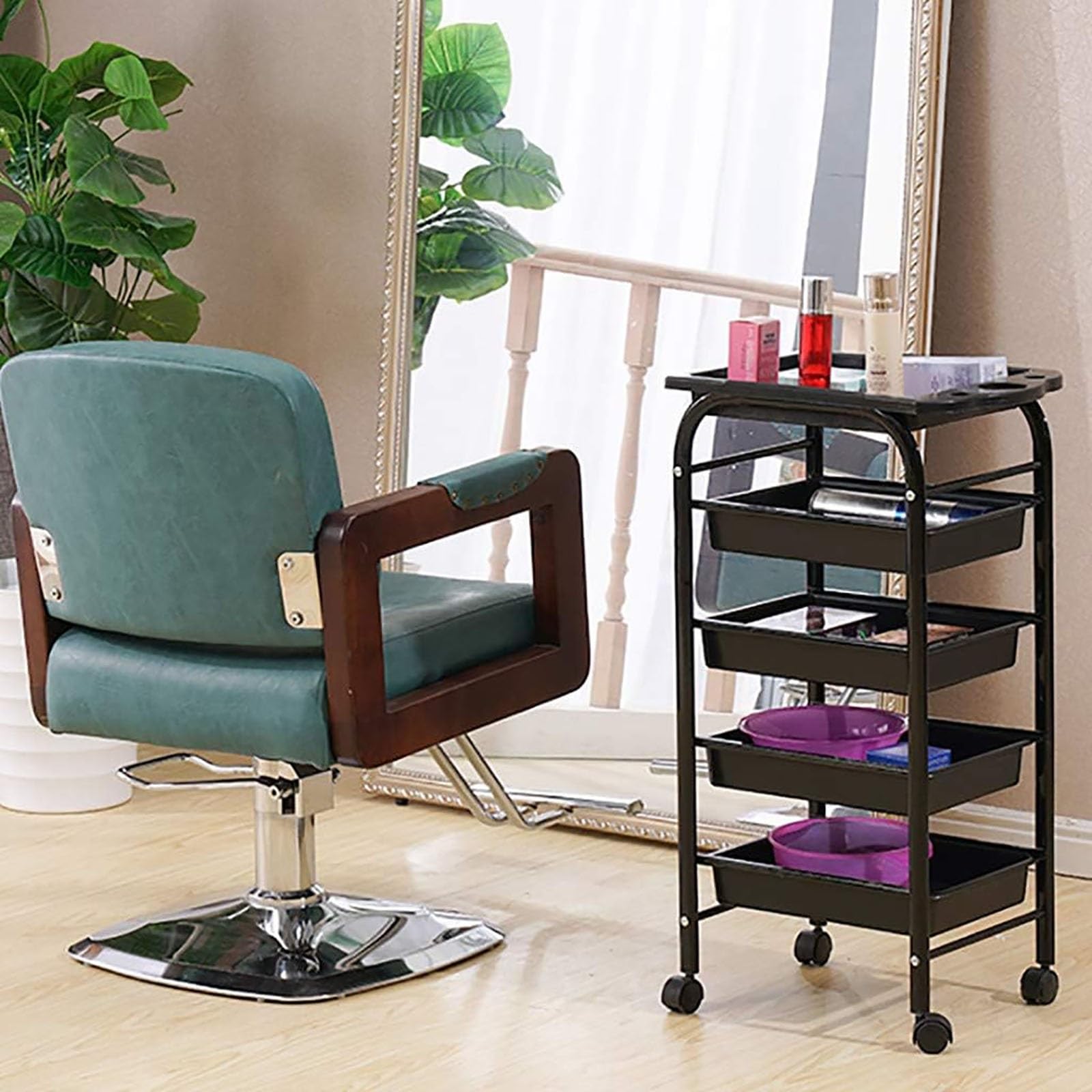 Salon Rollwagen, 4-Tier Plastic Rolling Storage Cart Utility Cart, Hair Salon Tool cart Barber Shop Ironing Trolley Used in Beauty Salons Barber Shops Living Room Bathroom